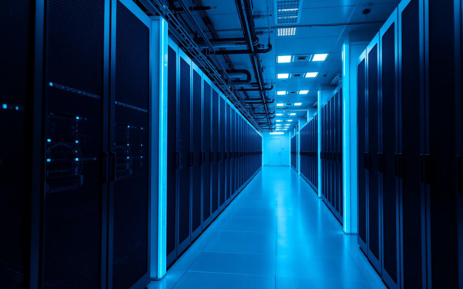 Corridor of server racks in a data centre lit with cool blue light