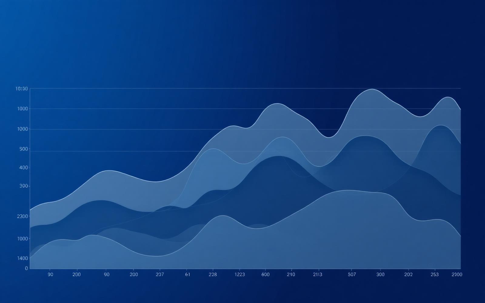 Layered translucent analytics chart resembling mountain ridges in deep blue tones