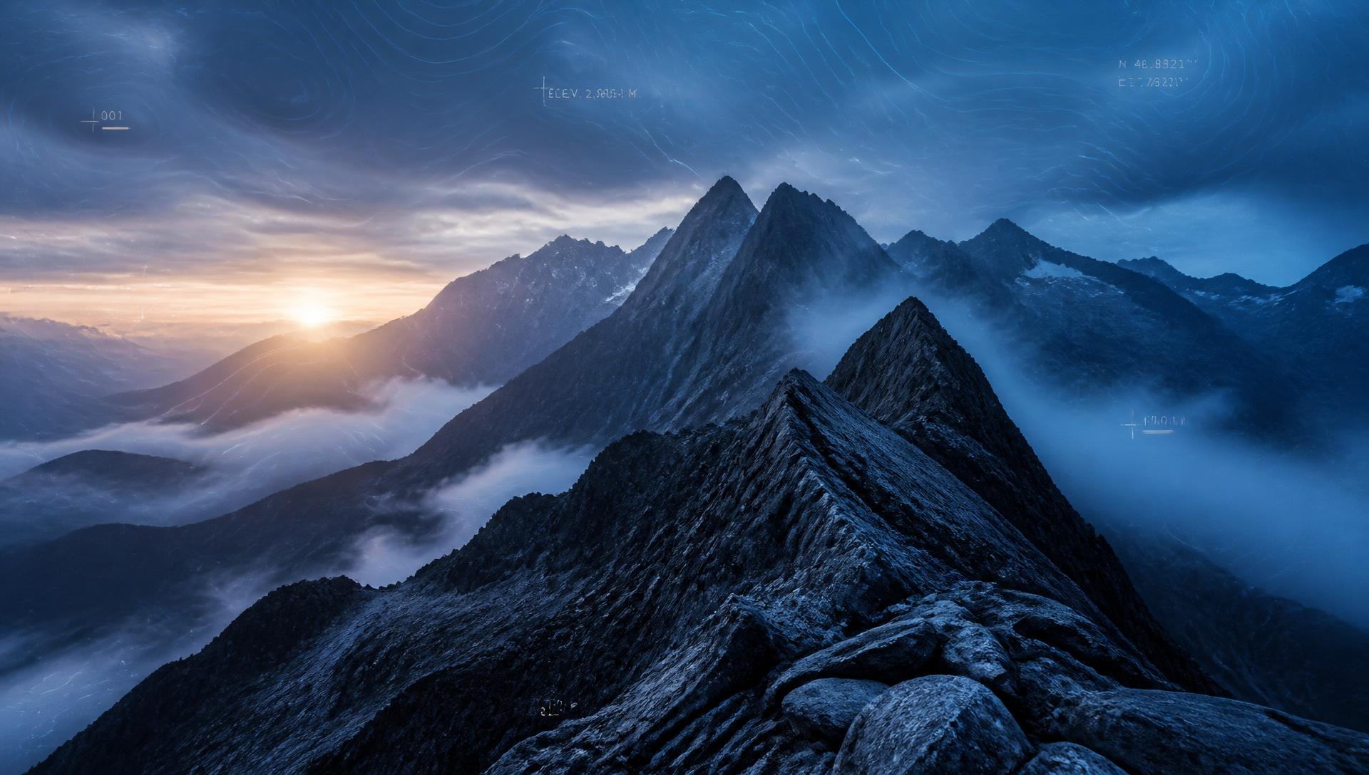 Alpine ridge at dawn with low cloud and faint topographic contour lines